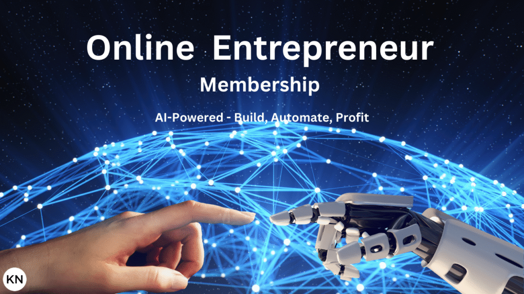 an image of a human hand and AI hand touching fingers with a global connection. Text Online Entrepreneur Membership
