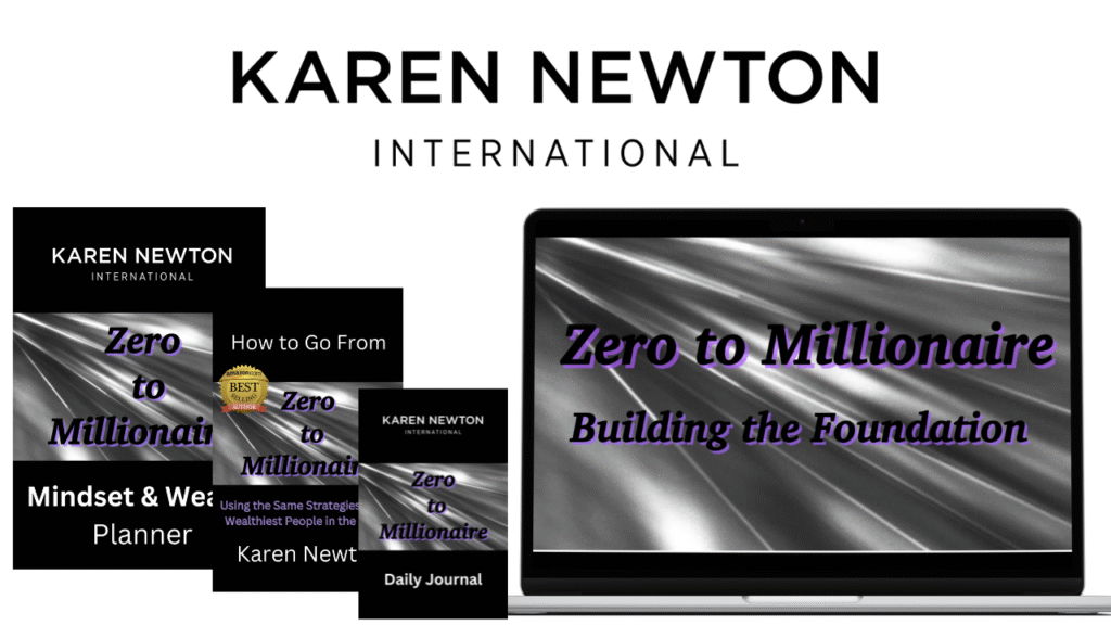 Zero to Millionaire Membership image showing computer and books with text plus Karen Newton International Logo